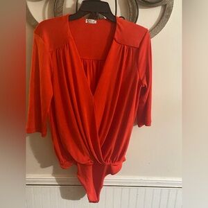 Free People Orange Red Puff Sleeve Wrap Bodysuit
